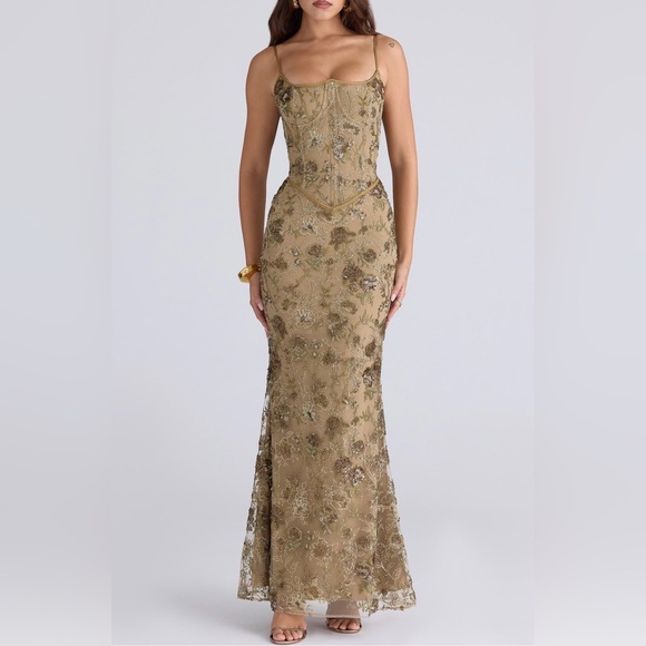 House of CB Dresses & Skirts - House Of CB Elegant Gold Floral Embroidered Gown